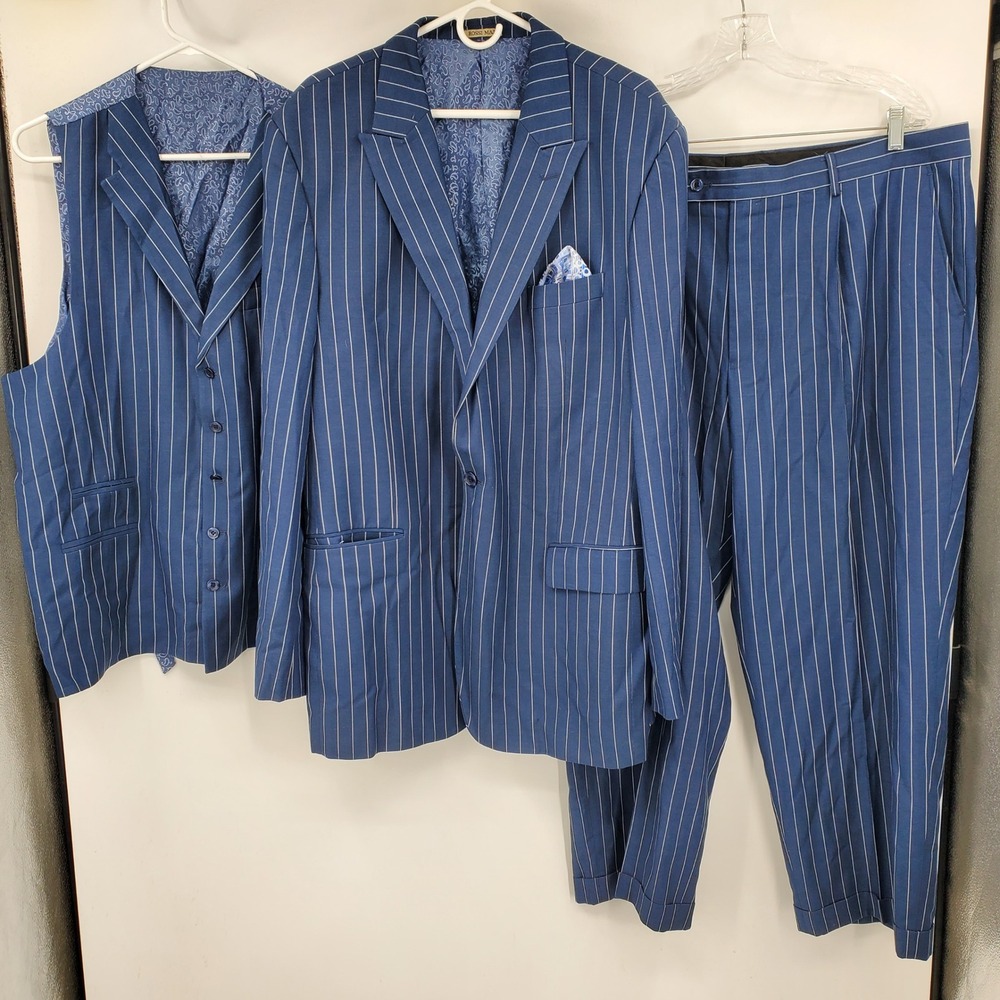 Rossi Man Mens Blue Pinstripe 3 Piece Suit Super 150s Wool Roger 48L 42L Formal